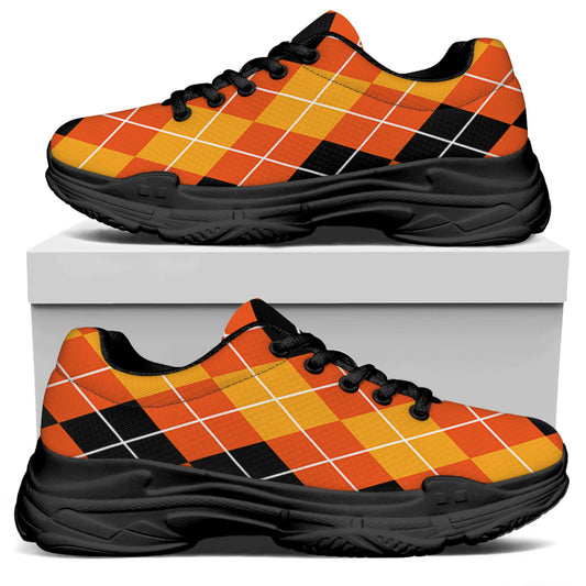 Black And Orange Argyle Pattern Print Black Chunky Shoes
