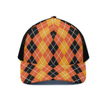 Black And Orange Argyle Pattern Print Black Mesh Trucker Cap