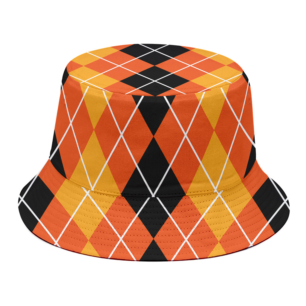 Black And Orange Argyle Pattern Print Bucket Hat