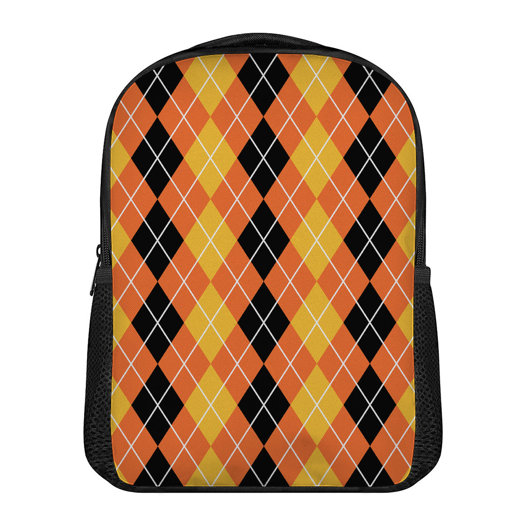 Black And Orange Argyle Pattern Print Casual Backpack