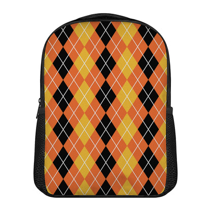 Black And Orange Argyle Pattern Print Casual Backpack