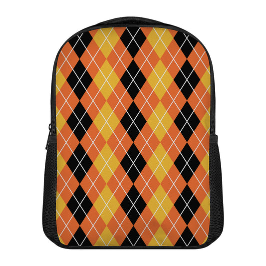 Black And Orange Argyle Pattern Print Casual Backpack