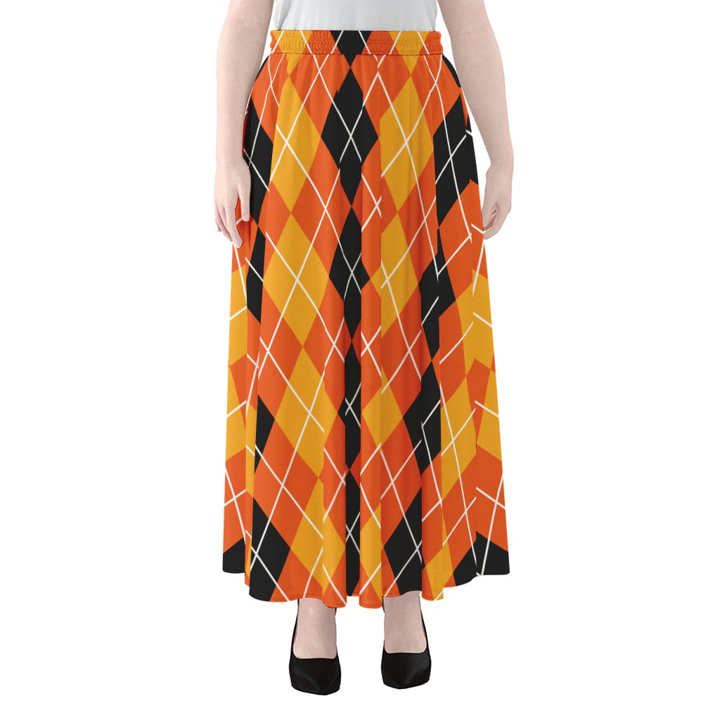 Black And Orange Argyle Pattern Print Chiffon Maxi Skirt