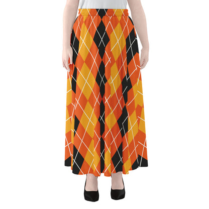 Black And Orange Argyle Pattern Print Chiffon Maxi Skirt