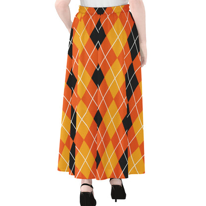 Black And Orange Argyle Pattern Print Chiffon Maxi Skirt