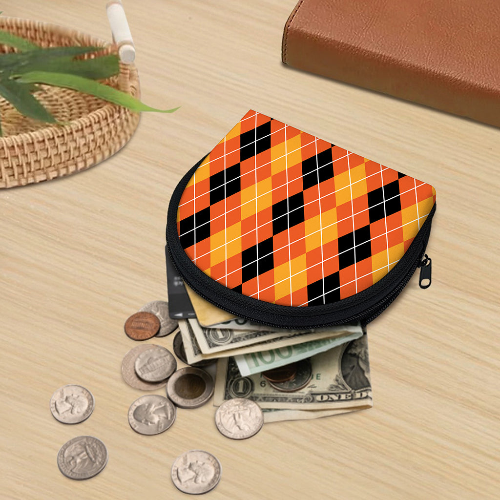 Black And Orange Argyle Pattern Print Coin Purse