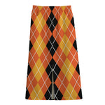Black And Orange Argyle Pattern Print Cotton Front Slit Maxi Skirt