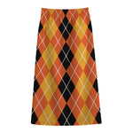 Black And Orange Argyle Pattern Print Cotton Front Slit Maxi Skirt