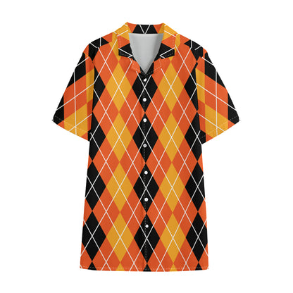 Black And Orange Argyle Pattern Print Cotton Hawaiian Shirt