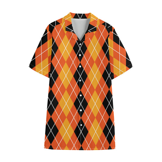 Black And Orange Argyle Pattern Print Cotton Hawaiian Shirt