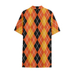 Black And Orange Argyle Pattern Print Cotton Hawaiian Shirt