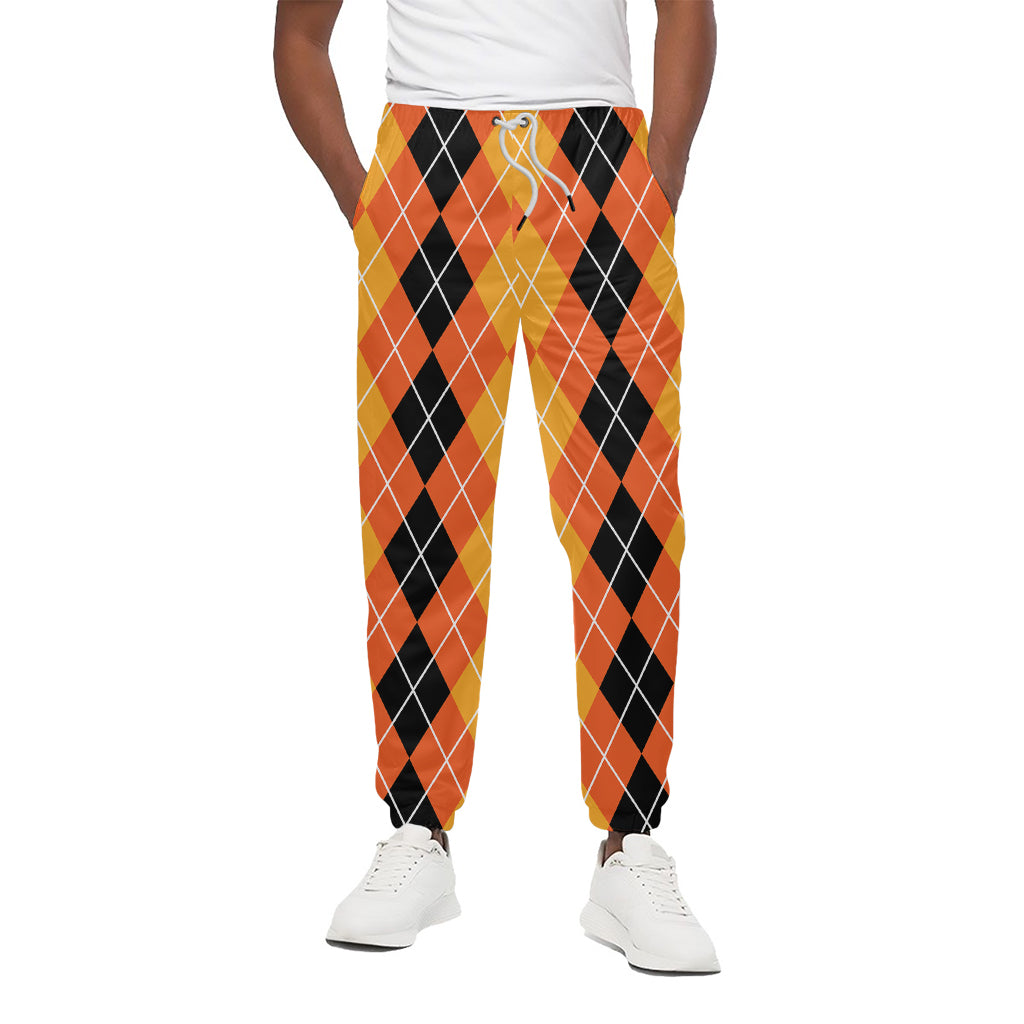Black And Orange Argyle Pattern Print Cotton Pants