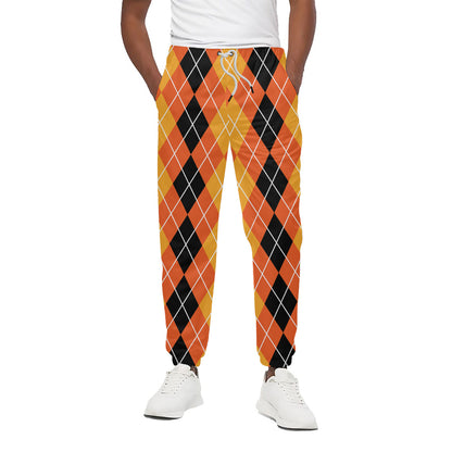 Black And Orange Argyle Pattern Print Cotton Pants