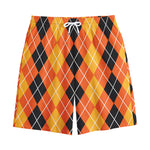Black And Orange Argyle Pattern Print Cotton Shorts