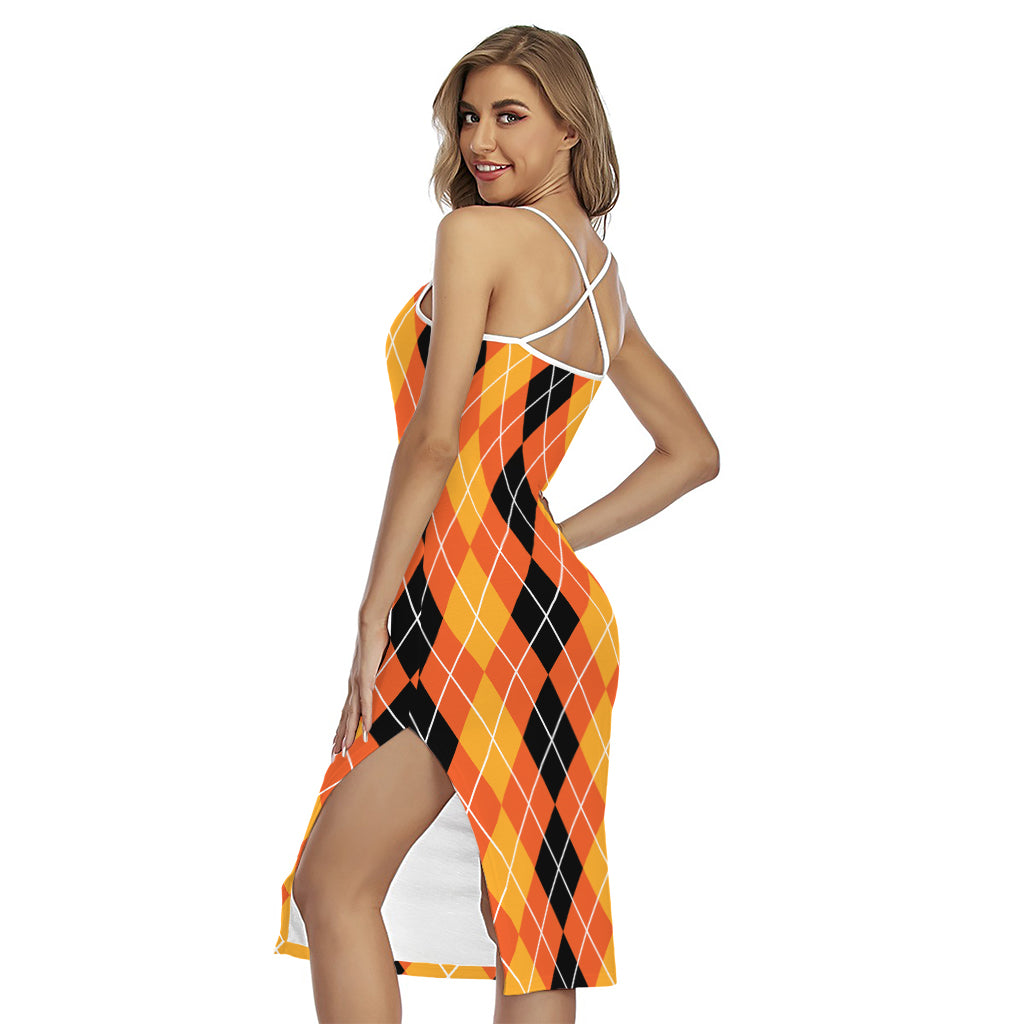 Black And Orange Argyle Pattern Print Cross Back Cami Dress