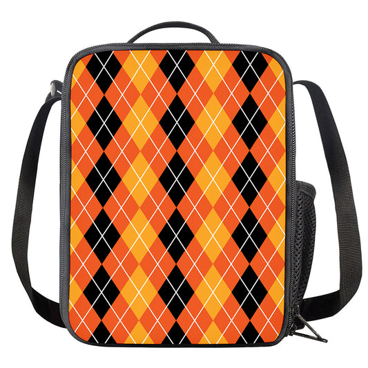 Black And Orange Argyle Pattern Print Crossbody Lunch Bag