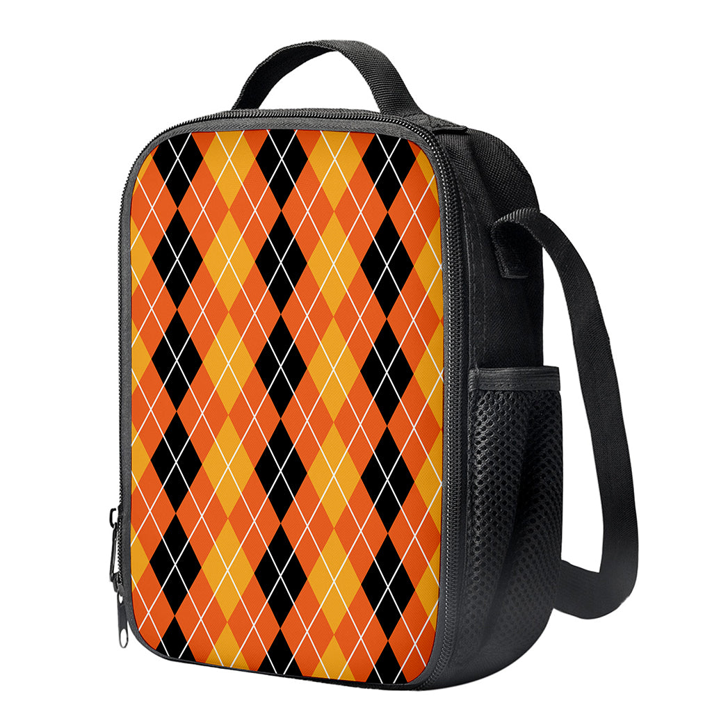 Black And Orange Argyle Pattern Print Crossbody Lunch Bag