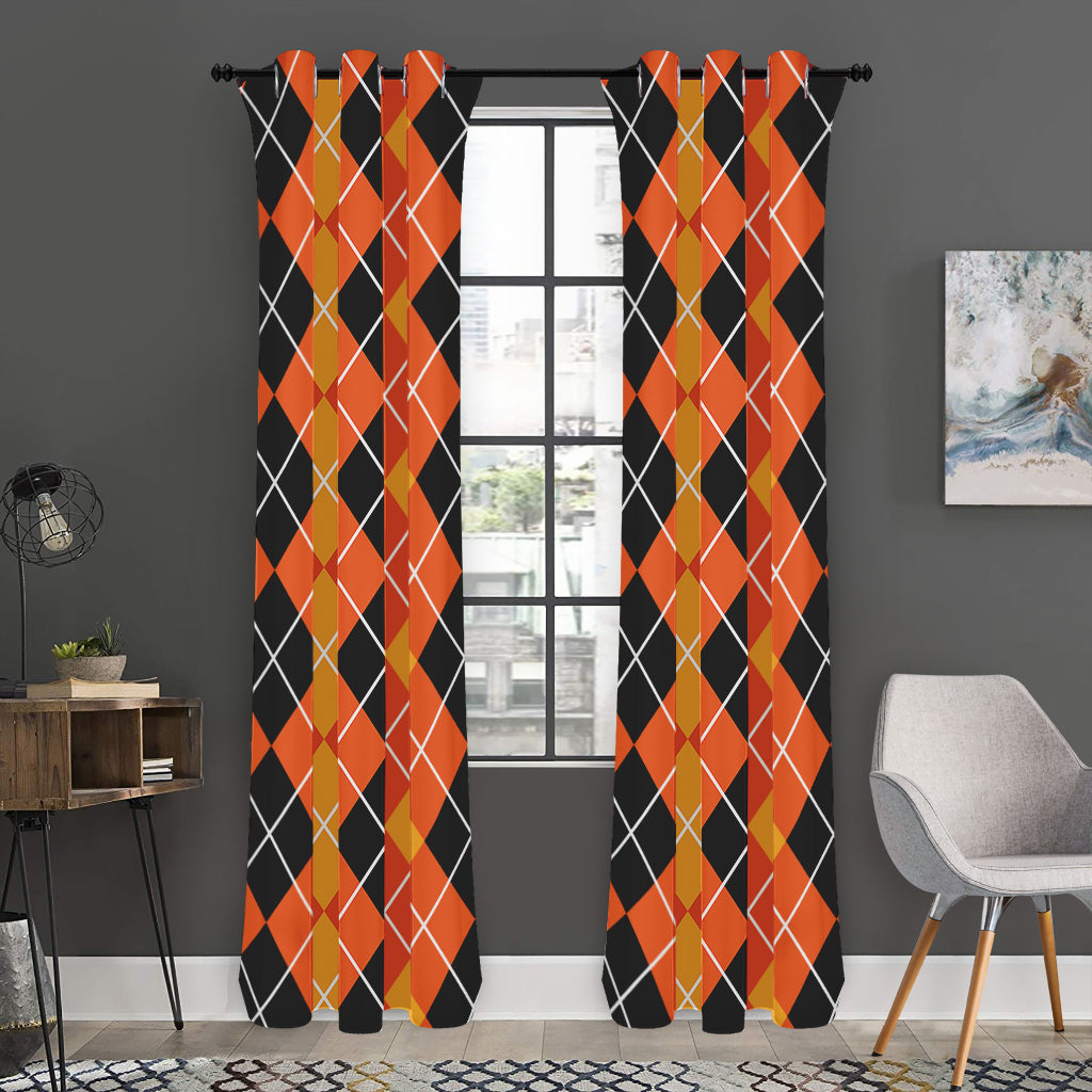 Black And Orange Argyle Pattern Print Curtain