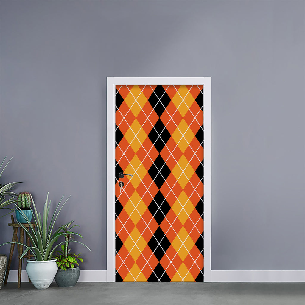 Black And Orange Argyle Pattern Print Door Sticker