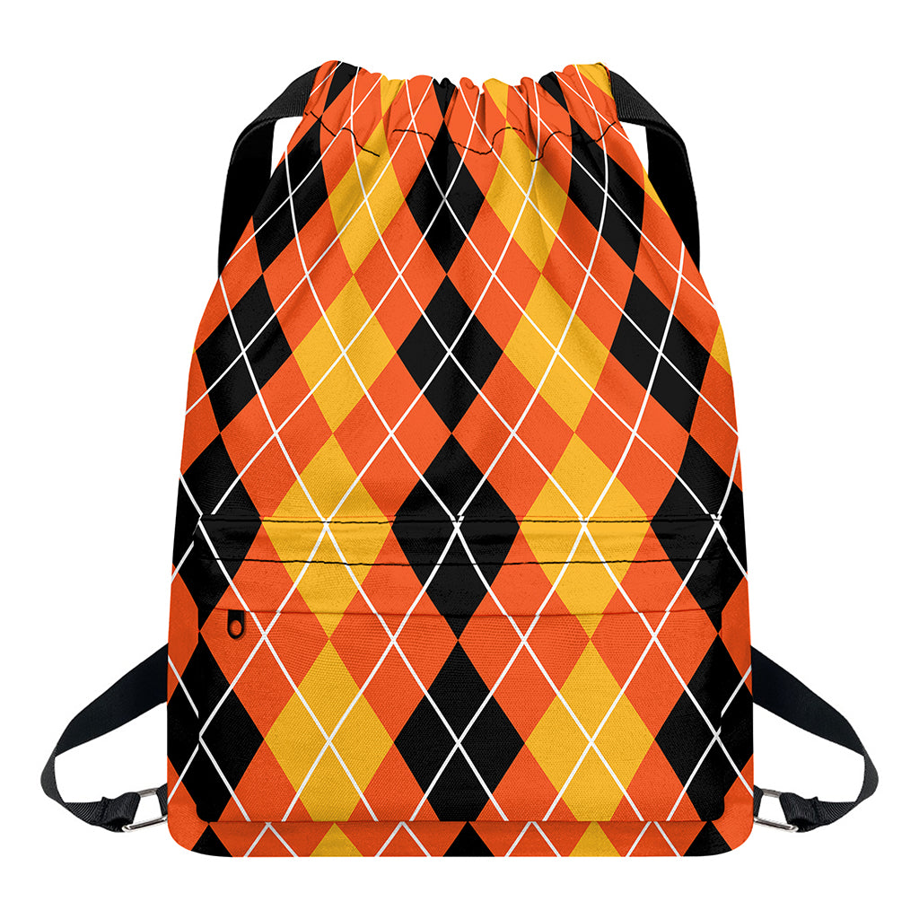 Black And Orange Argyle Pattern Print Drawstring Backpack