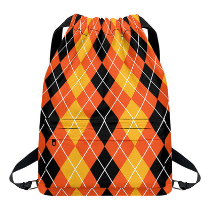 Black And Orange Argyle Pattern Print Drawstring Backpack