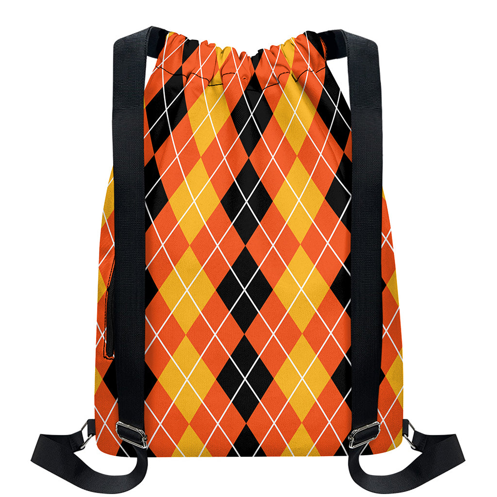 Black And Orange Argyle Pattern Print Drawstring Backpack