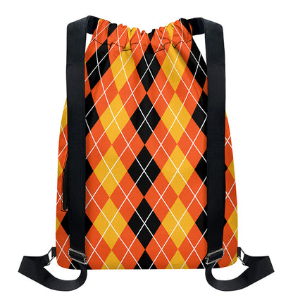 Black And Orange Argyle Pattern Print Drawstring Backpack
