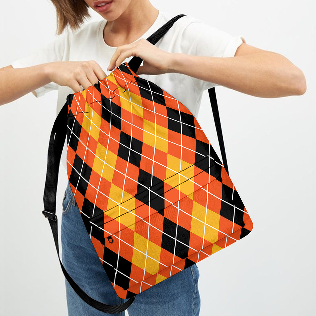 Black And Orange Argyle Pattern Print Drawstring Backpack