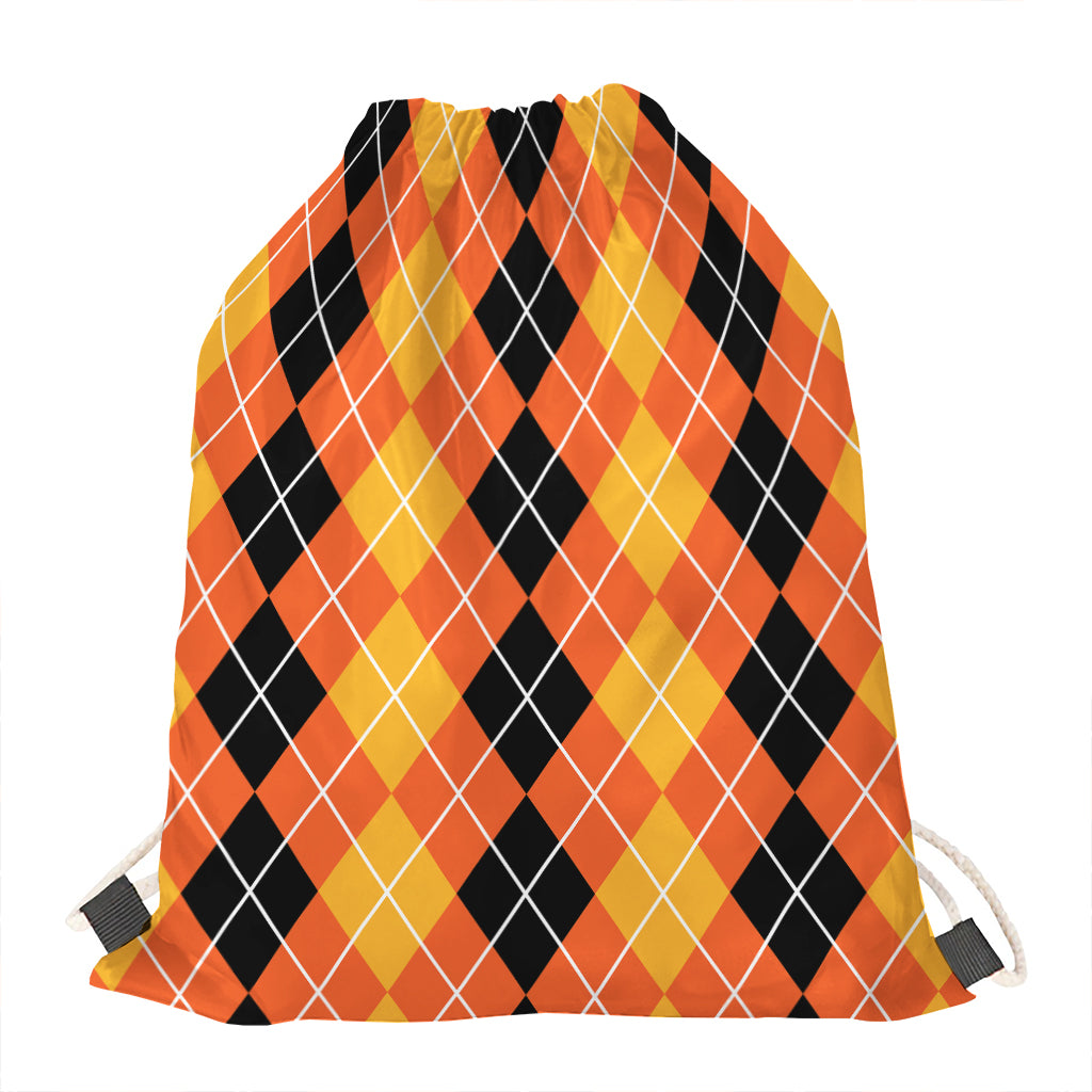 Black And Orange Argyle Pattern Print Drawstring Bag