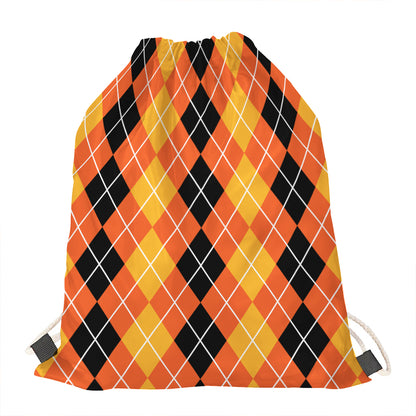 Black And Orange Argyle Pattern Print Drawstring Bag