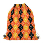 Black And Orange Argyle Pattern Print Drawstring Bag