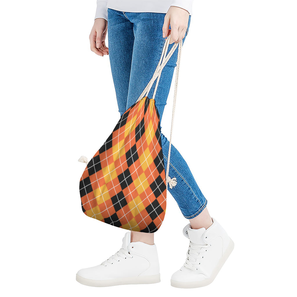 Black And Orange Argyle Pattern Print Drawstring Bag