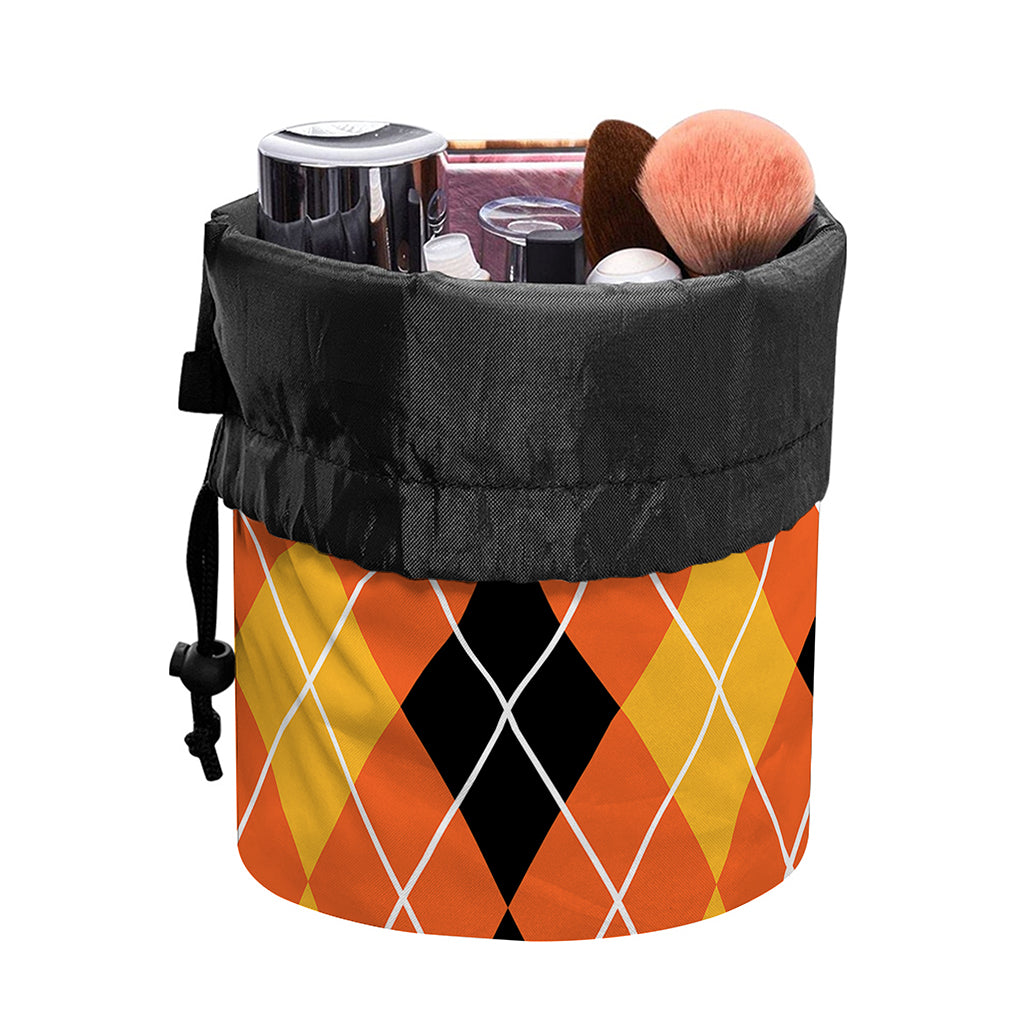 Black And Orange Argyle Pattern Print Drawstring Makeup Bag