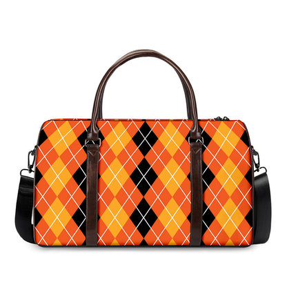 Black And Orange Argyle Pattern Print Duffle Bag