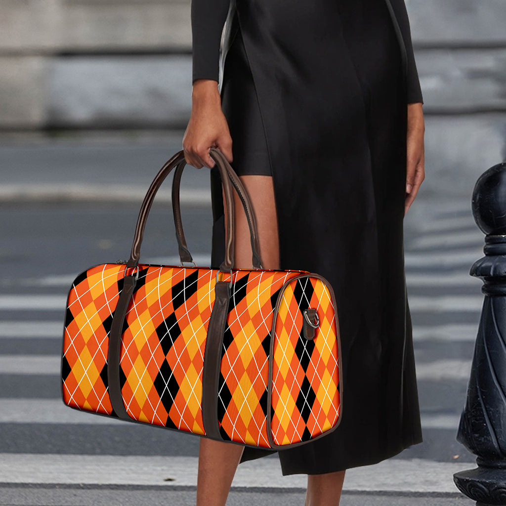 Black And Orange Argyle Pattern Print Duffle Bag