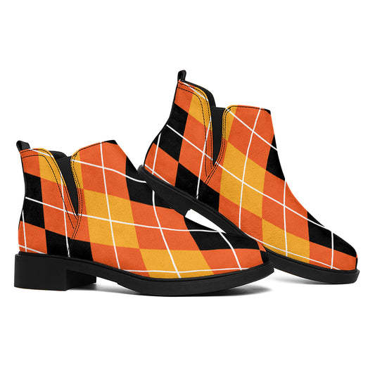 Black And Orange Argyle Pattern Print Flat Ankle Boots