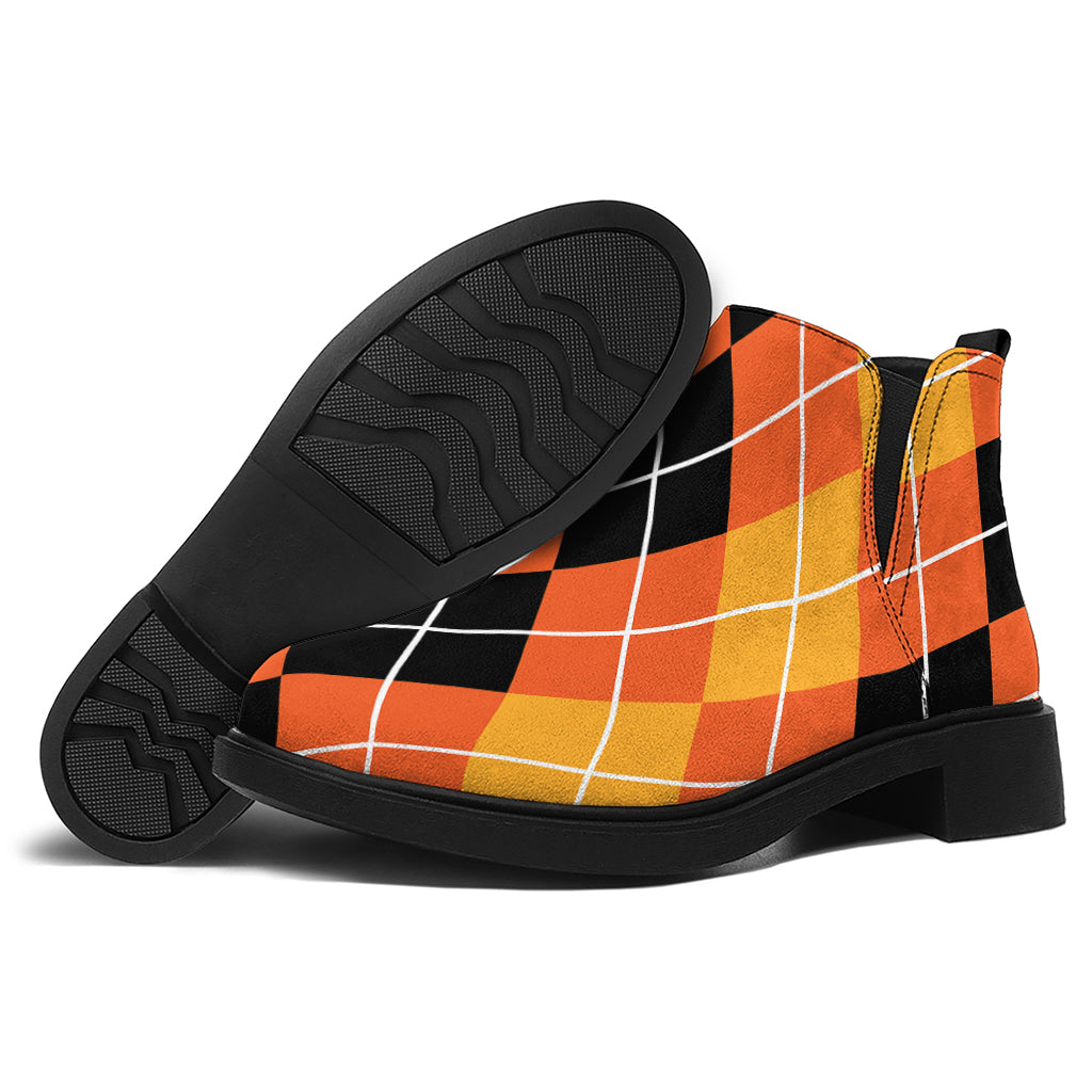 Black And Orange Argyle Pattern Print Flat Ankle Boots