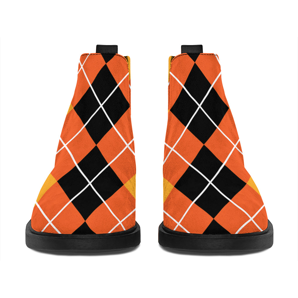 Black And Orange Argyle Pattern Print Flat Ankle Boots