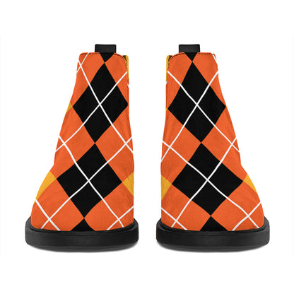 Black And Orange Argyle Pattern Print Flat Ankle Boots