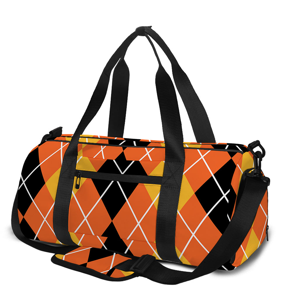 Black And Orange Argyle Pattern Print Gym Bag