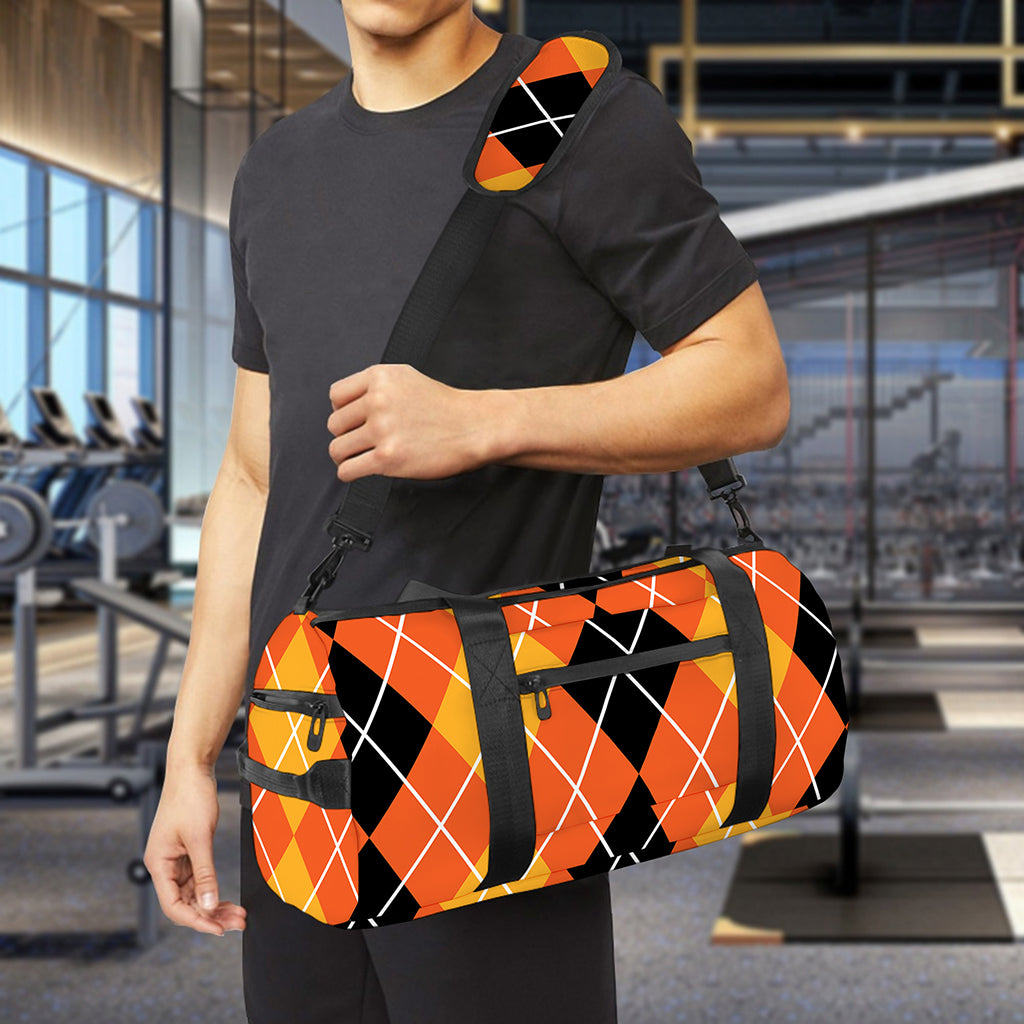 Black And Orange Argyle Pattern Print Gym Bag