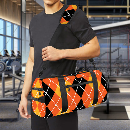 Black And Orange Argyle Pattern Print Gym Bag