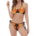 Black And Orange Argyle Pattern Print Halter Scoop Tie Side Bikini