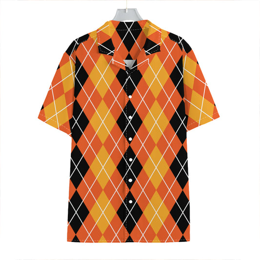 Black And Orange Argyle Pattern Print Hawaiian Shirt
