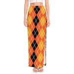 Black And Orange Argyle Pattern Print High Slit Maxi Skirt