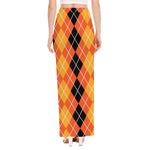 Black And Orange Argyle Pattern Print High Slit Maxi Skirt