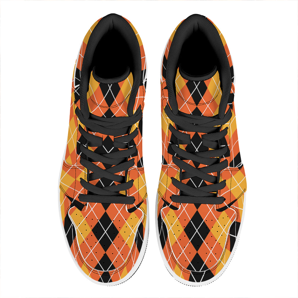 Black And Orange Argyle Pattern Print High Top Leather Sneakers