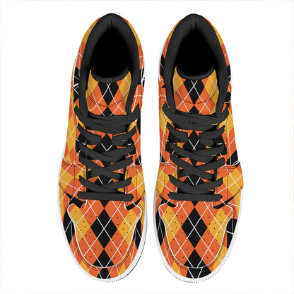 Black And Orange Argyle Pattern Print High Top Leather Sneakers