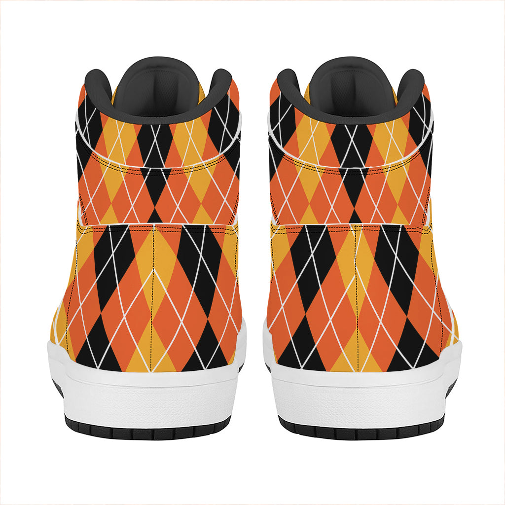 Black And Orange Argyle Pattern Print High Top Leather Sneakers