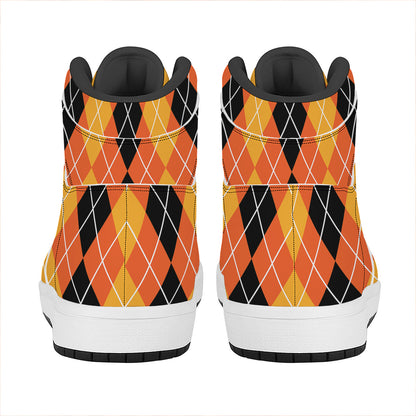 Black And Orange Argyle Pattern Print High Top Leather Sneakers